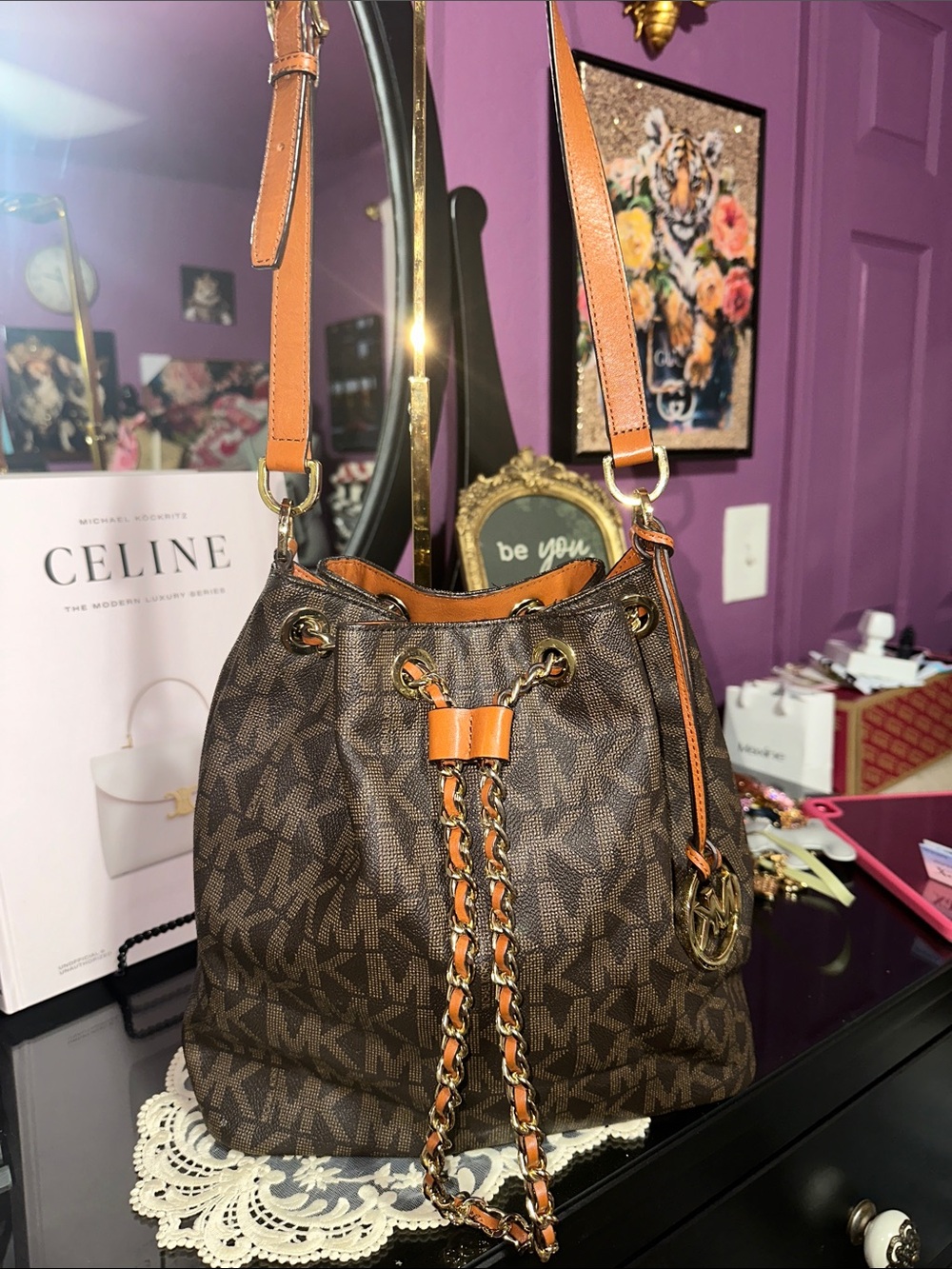 Michael Kors Frankie Pattern Drawstring Shoulder Bag with Tan Trim